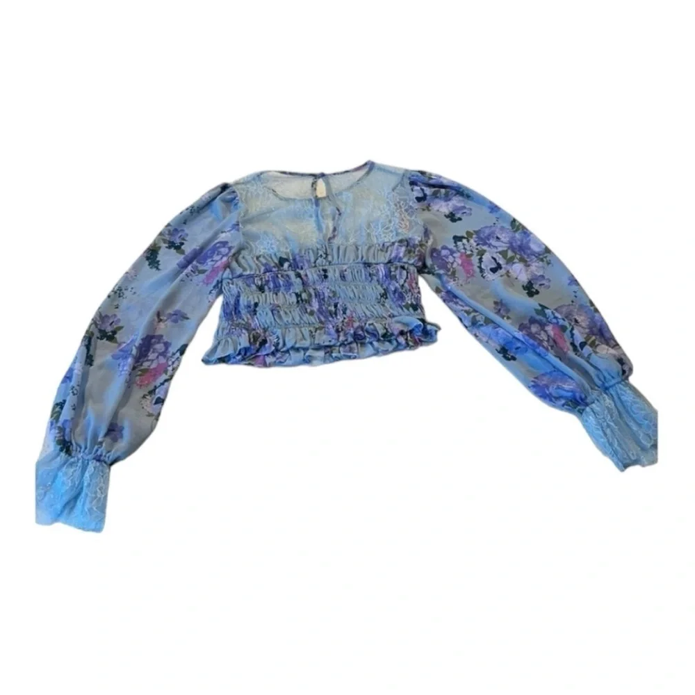 Free People Daphne Smocked Waist Cropped Smocked Waist Dusty Blue Floral Top S